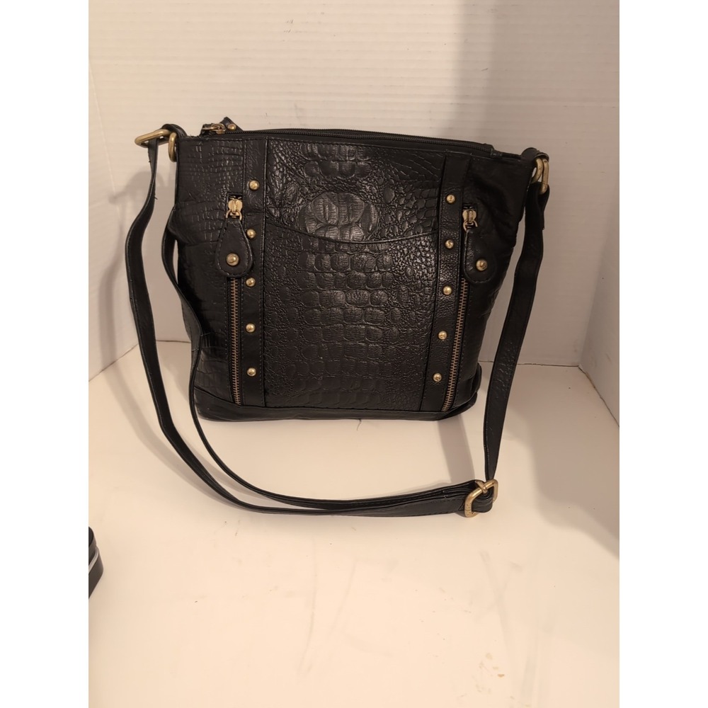 Great American Leatherworks Black‎ Croc Embossed Studded Crossbody Bag Y2K